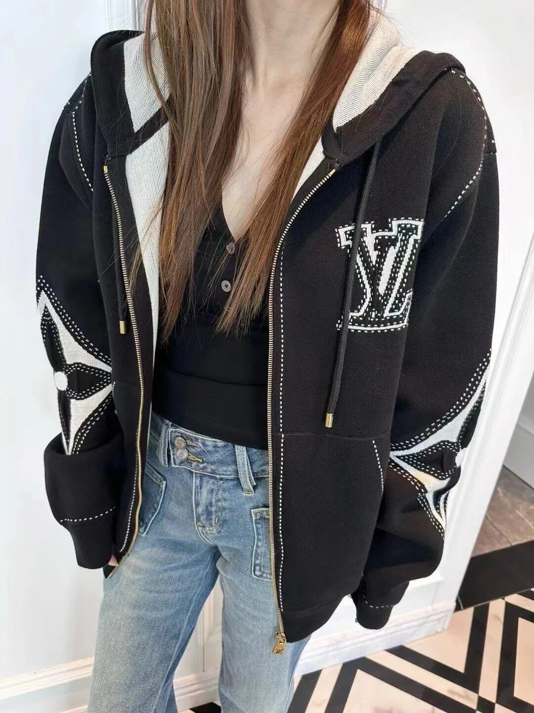 Louis Vuitton/Louis Vuitton intarsia jacquard logo cotton blend hooded jacket
